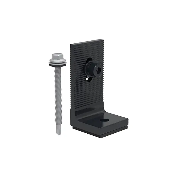 Goomax all-black tin roof interface L-foot with 1 × SUS410 6.3 × 75 mm self-drilling metal screw and T-bolt set