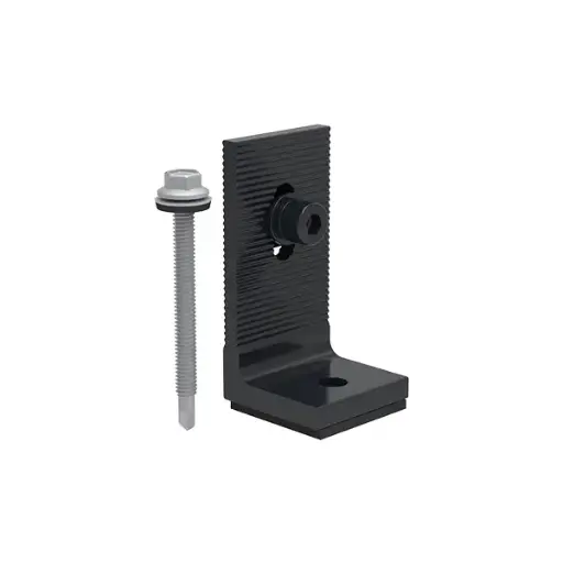 [GM-MRH-L5-AZ-07-B] Goomax all-black tin roof interface L-foot with 1 × SUS410 6.3 × 75 mm self-drilling metal screw and T-bolt set